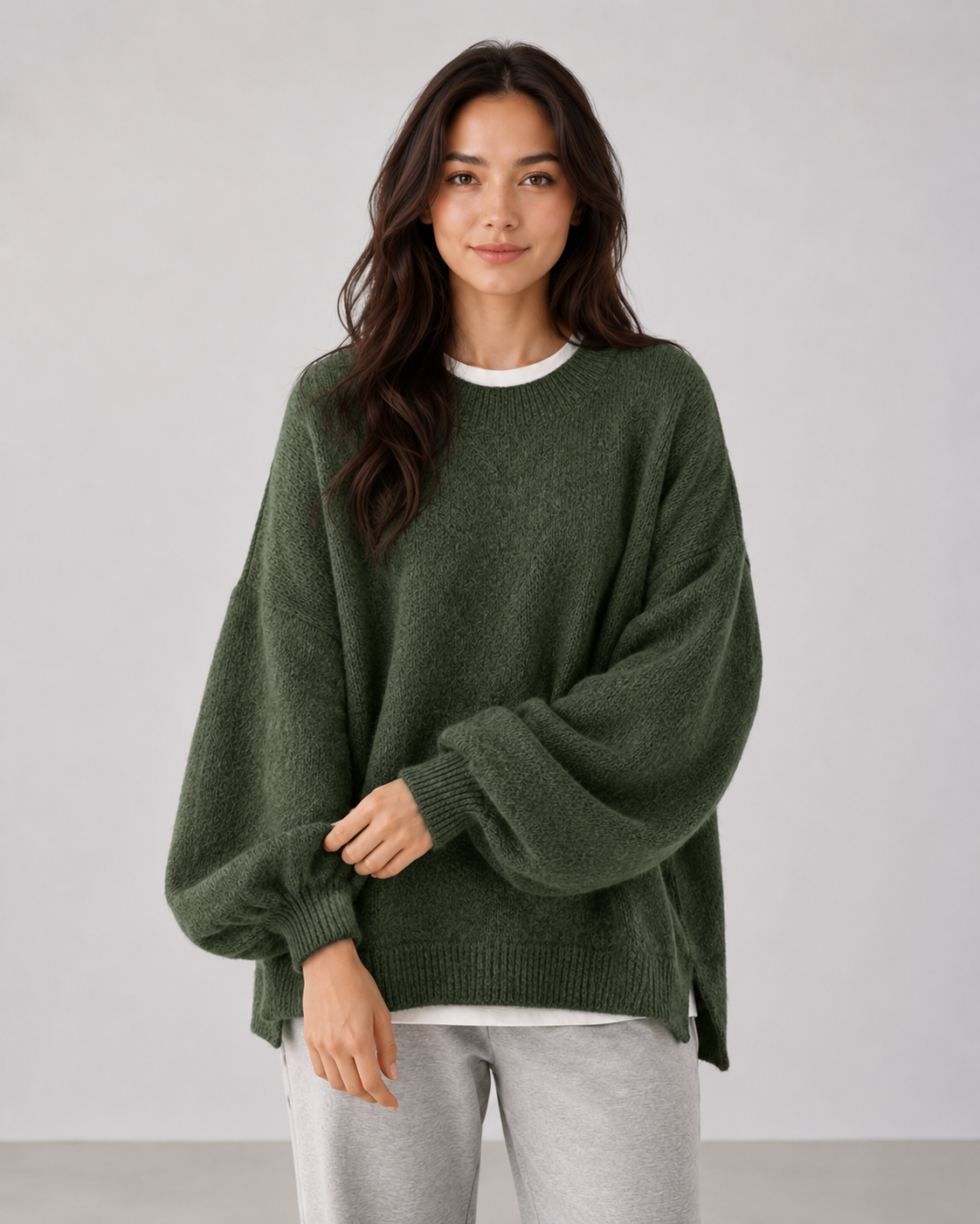 Women's Oversized Knit Sweater - Balloon Sleeve Crew Neck