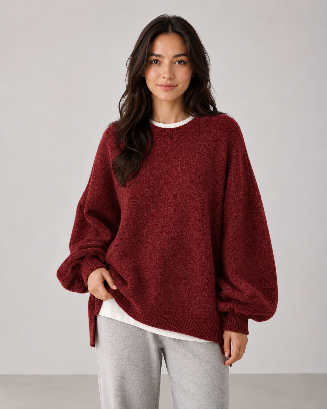 Women's Oversized Knit Sweater - Balloon Sleeve Crew Neck