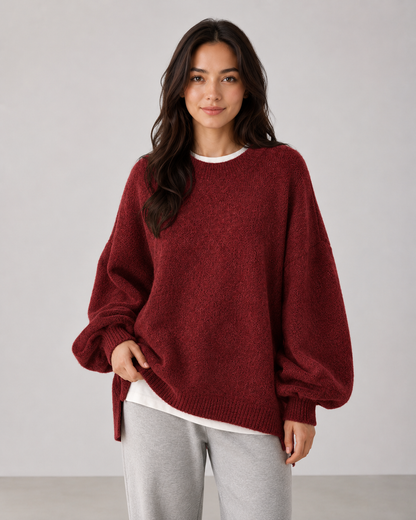 Women's Oversized Knit Sweater - Balloon Sleeve Crew Neck