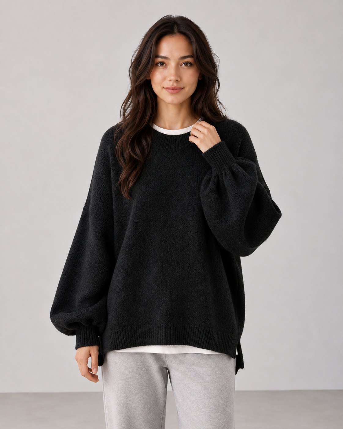 Women's Oversized Knit Sweater - Balloon Sleeve Crew Neck