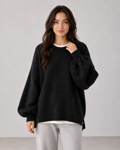 Women's Oversized Knit Sweater - Balloon Sleeve Crew Neck