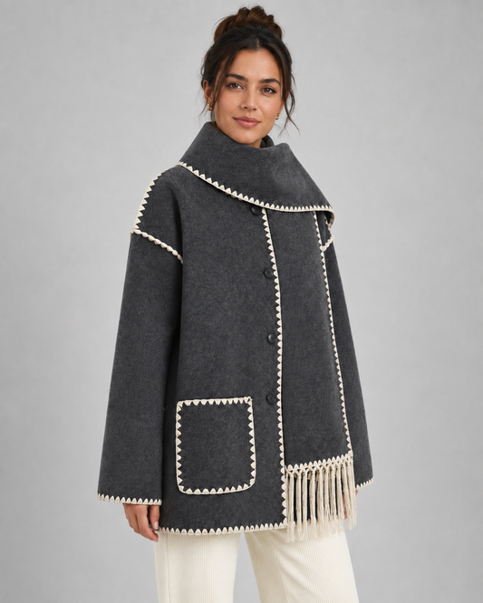 Women's Fringe Coat - Oversized Scarf Collar Winter Coat