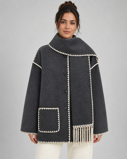 Women's Fringe Coat - Oversized Scarf Collar Winter Coat
