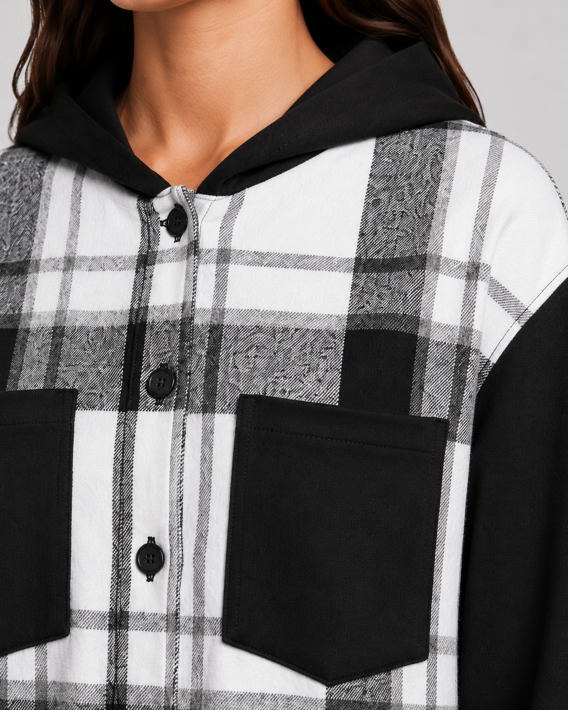 Women's Plaid Shacket - Hooded Fleece Shirt Jacket