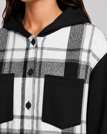 Women's Plaid Shacket - Hooded Fleece Shirt Jacket