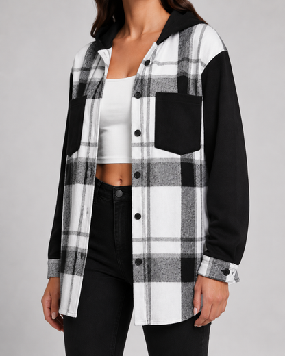 Women's Plaid Shacket - Hooded Fleece Shirt Jacket