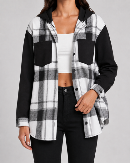 Women's Plaid Shacket - Hooded Fleece Shirt Jacket