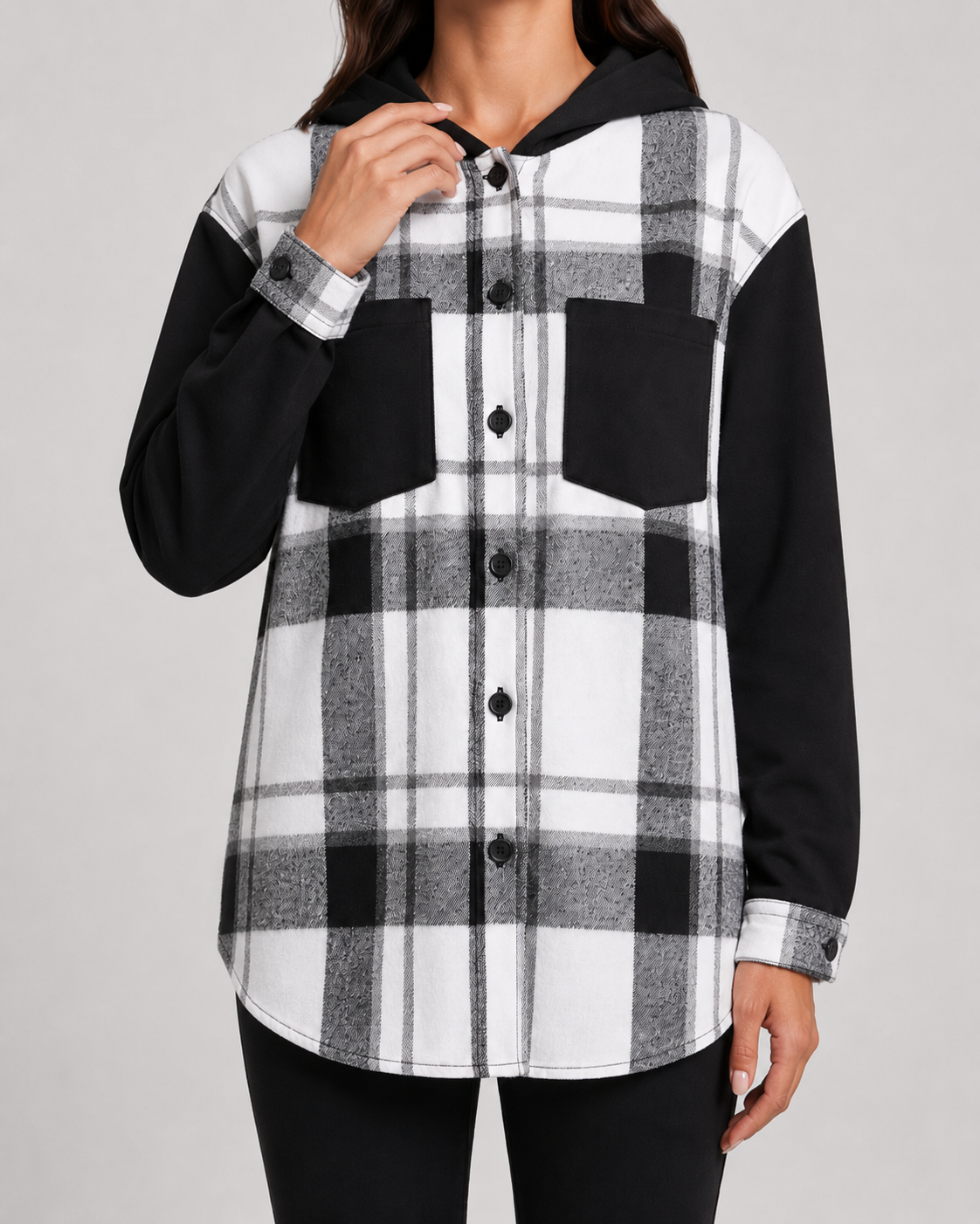Women's Plaid Shacket - Hooded Fleece Shirt Jacket