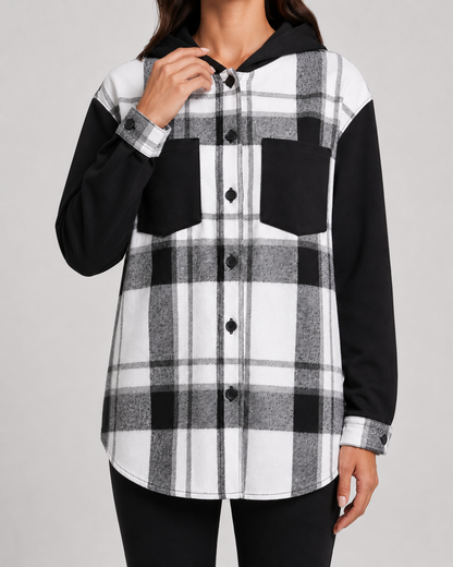 Women's Plaid Shacket - Hooded Fleece Shirt Jacket