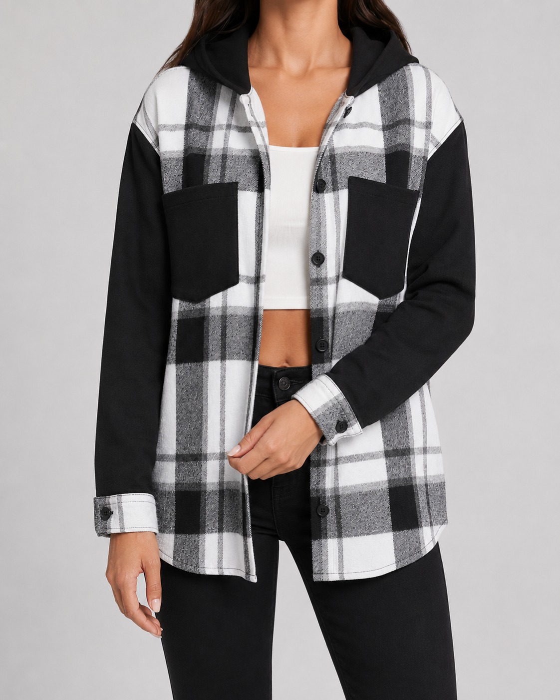 Women's Plaid Shacket - Hooded Fleece Shirt Jacket