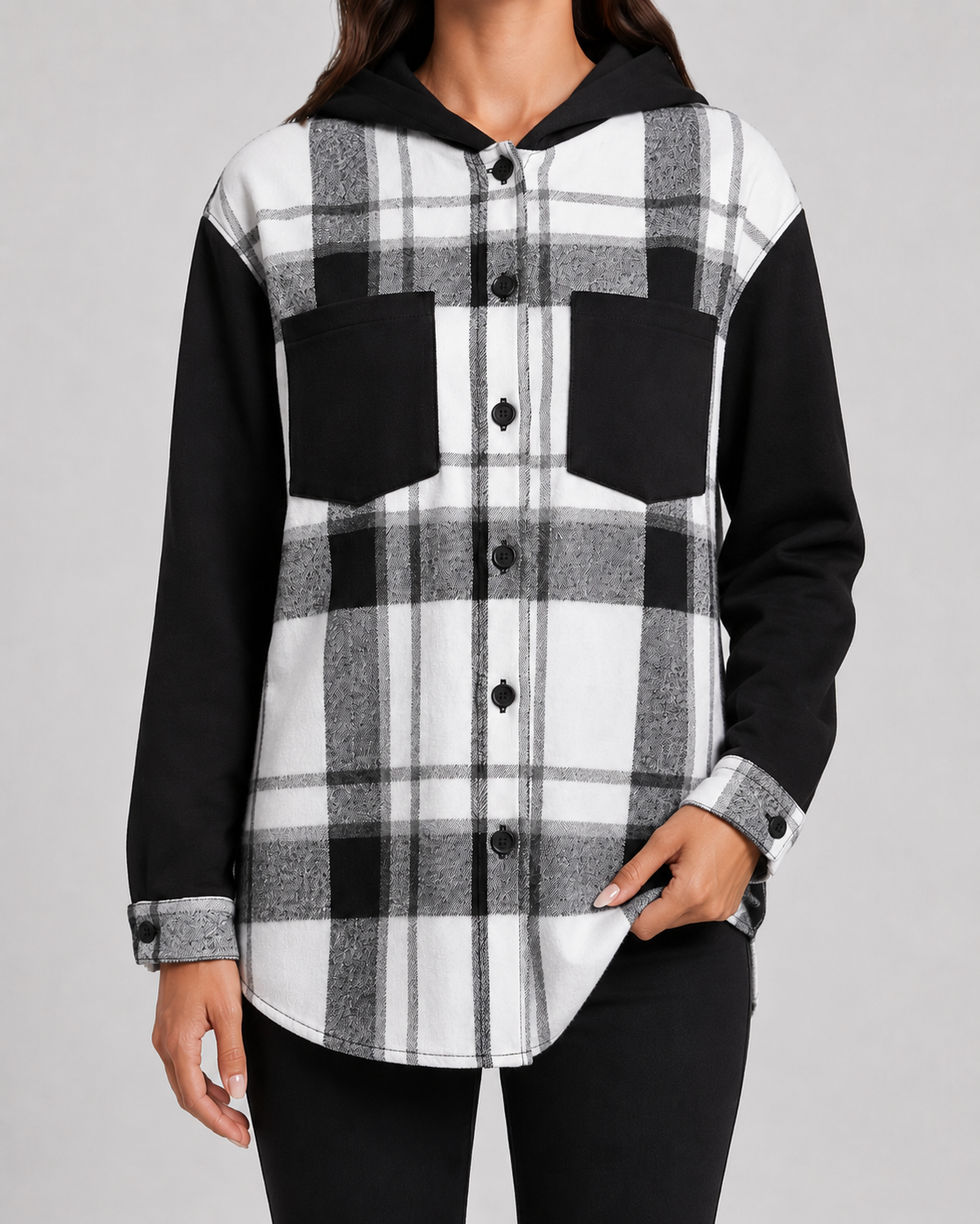 Women's Plaid Shacket - Hooded Fleece Shirt Jacket