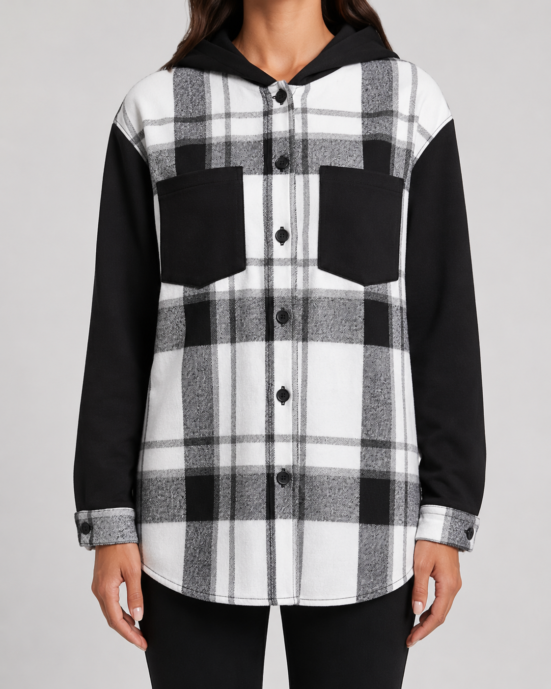 Women's Plaid Shacket - Hooded Fleece Shirt Jacket