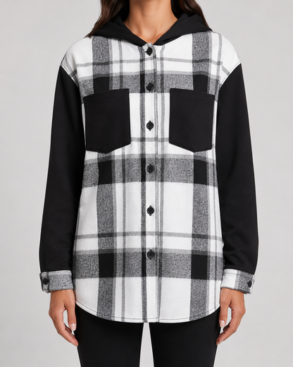Women's Plaid Shacket - Hooded Fleece Shirt Jacket