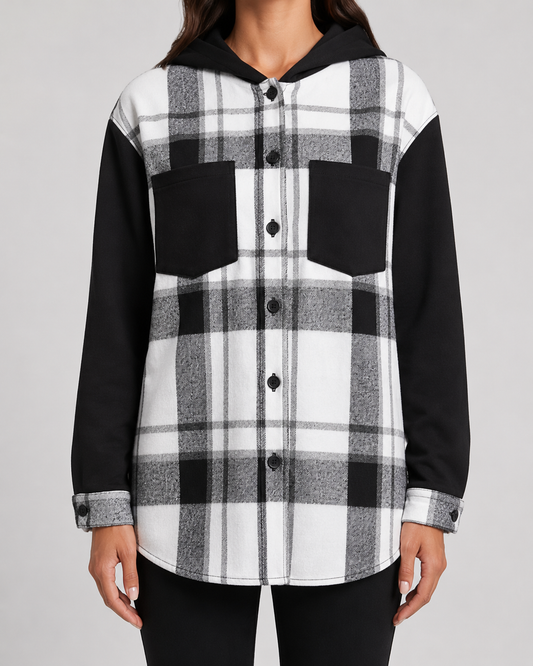 Women's Plaid Shacket - Hooded Fleece Shirt Jacket