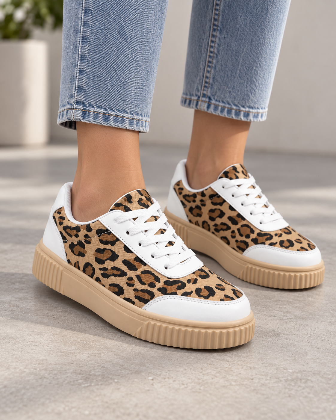 Women's Platform Sneakers - Leopard Print Lace Up