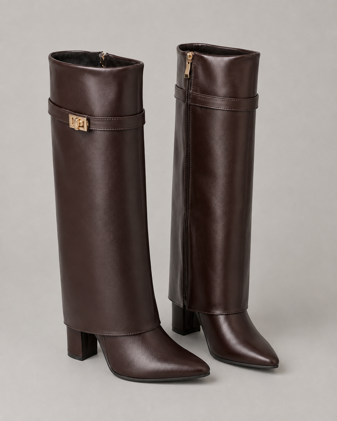 Women's Knee High Boots - Pointed Toe Buckle Block Heel