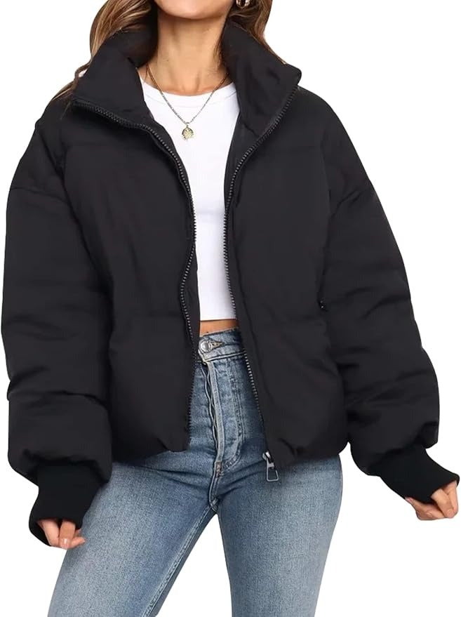 Women's Cropped Quilted Puffer Jacket - Winter Coat