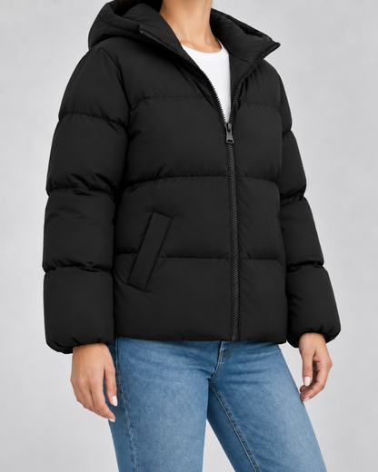 Women's Puffer Jacket - Hooded Quilted Hip Length Winter Coat