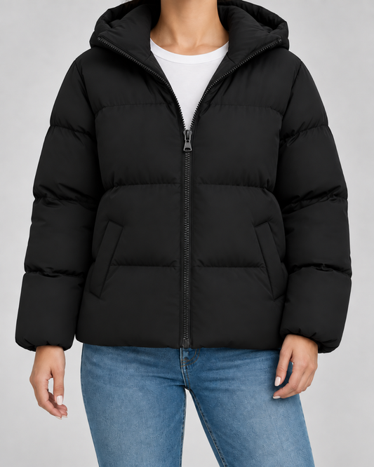 Women's Puffer Jacket - Hooded Quilted Hip Length Winter Coat
