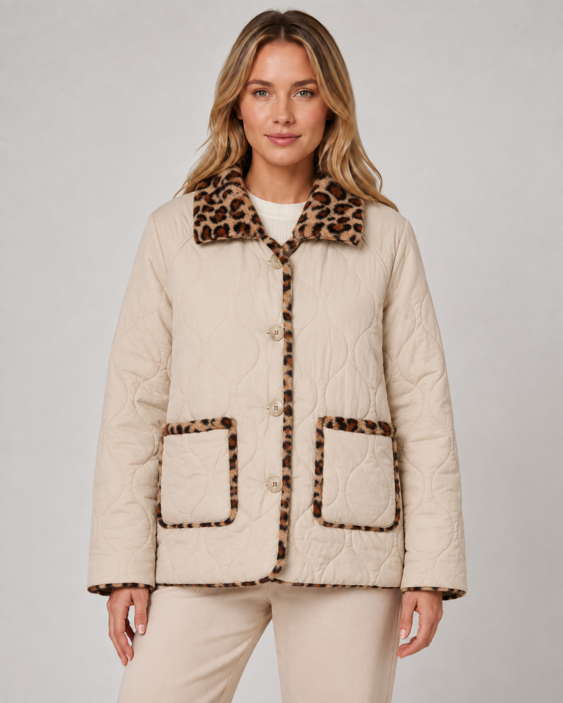 Women's Quilted Jacket - Reversible Leopard Print Puffer Coat