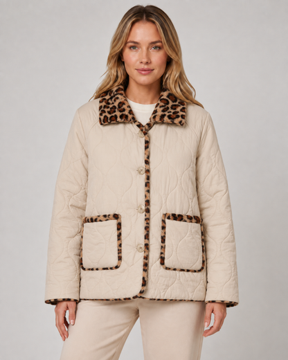 Women's Quilted Jacket - Reversible Leopard Print Puffer Coat