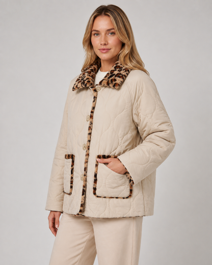 Women's Quilted Jacket - Reversible Leopard Print Puffer Coat