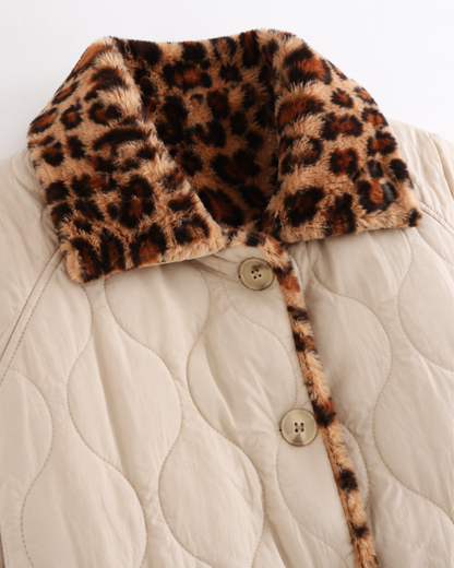 Women's Quilted Jacket - Reversible Leopard Print Puffer Coat