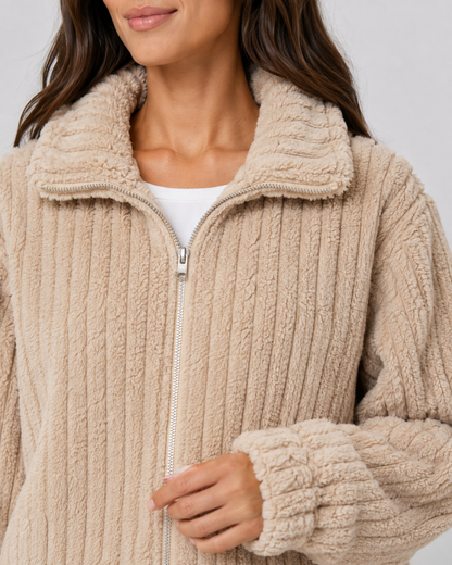 Women's Fleece Jacket - Ribbed Zip Up Plush Collar Coat