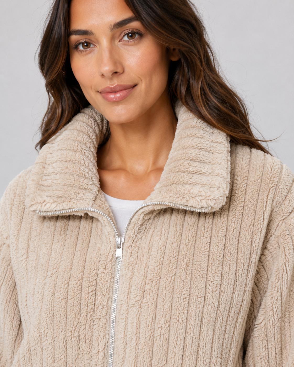 Women's Fleece Jacket - Ribbed Zip Up Plush Collar Coat