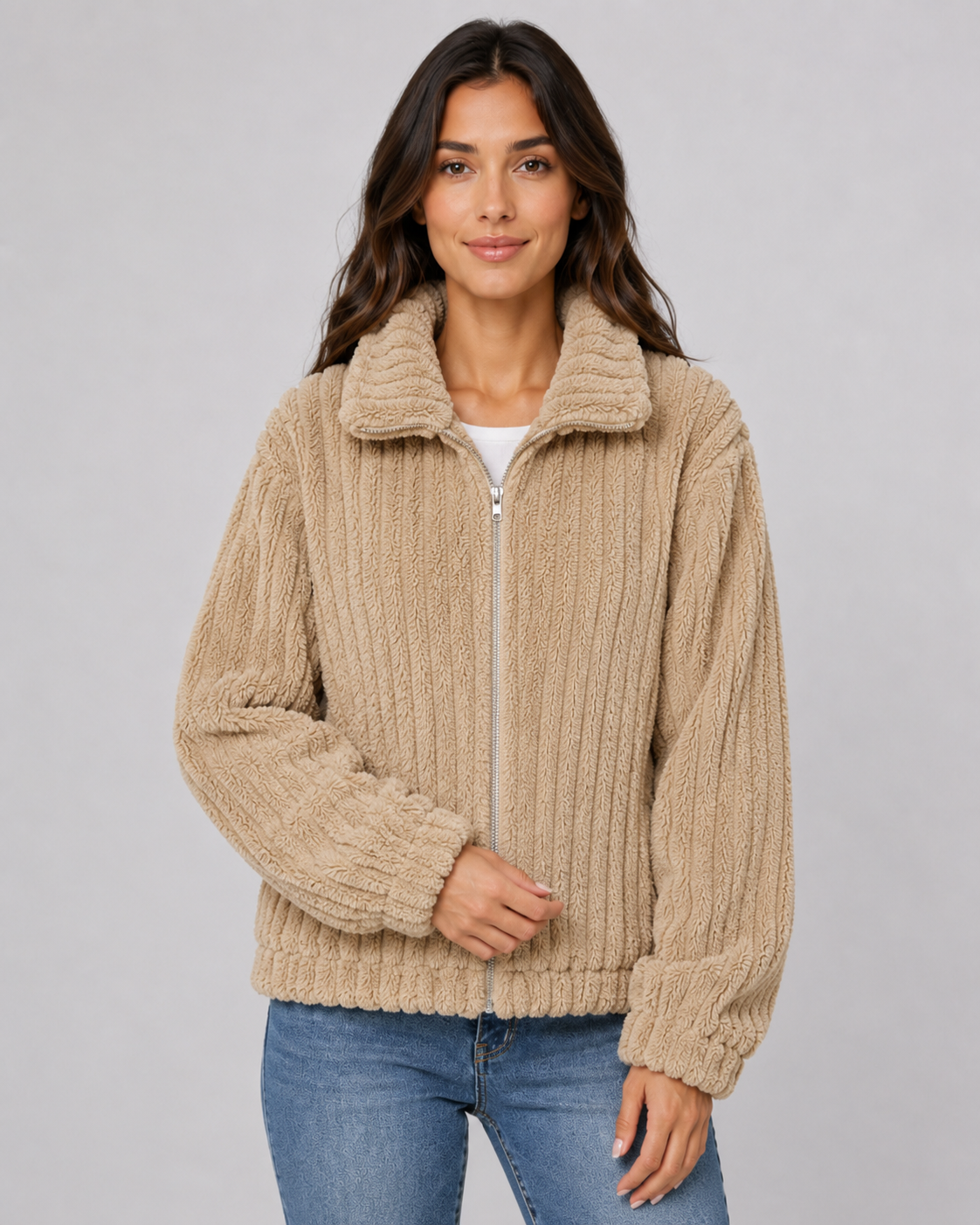 Women's Fleece Jacket - Ribbed Zip Up Plush Collar Coat