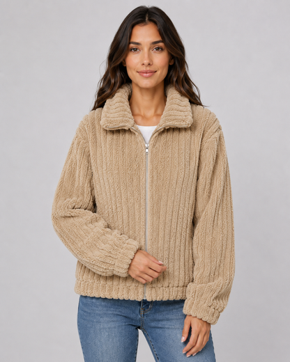 Women's Fleece Jacket - Ribbed Zip Up Plush Collar Coat