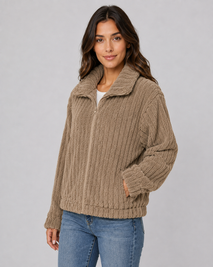 Women's Fleece Jacket - Ribbed Zip Up Plush Collar Coat