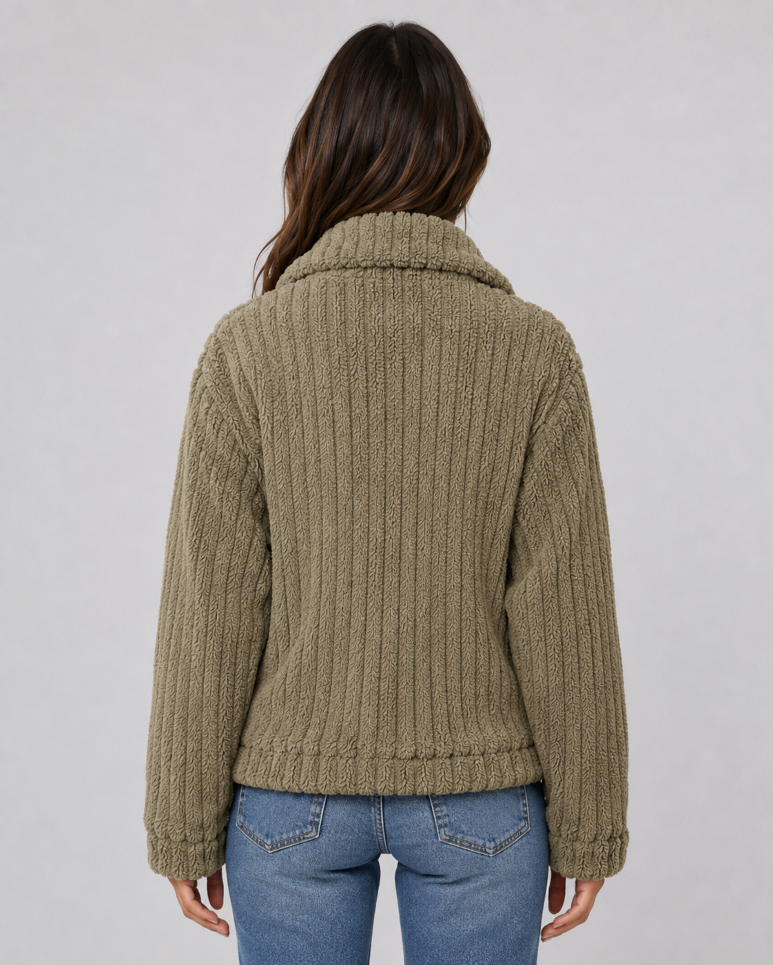 Women's Fleece Jacket - Ribbed Zip Up Plush Collar Coat