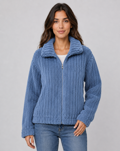 Women's Fleece Jacket - Ribbed Zip Up Plush Collar Coat