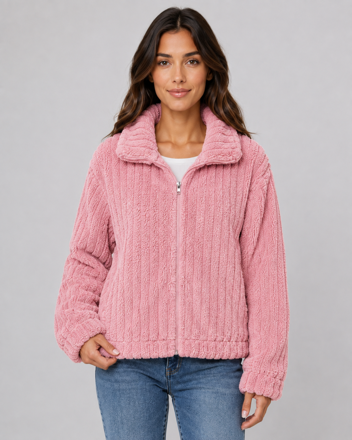 Women's Fleece Jacket - Ribbed Zip Up Plush Collar Coat