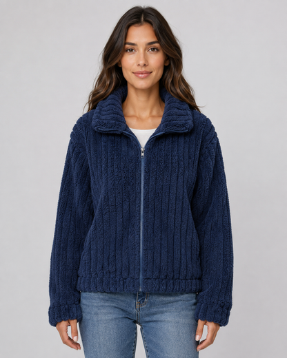 Women's Fleece Jacket - Ribbed Zip Up Plush Collar Coat