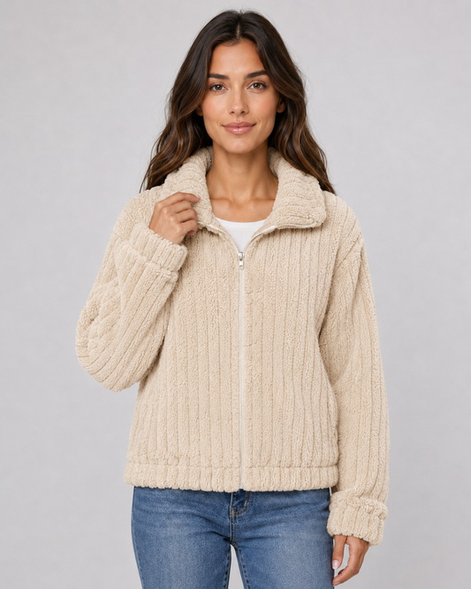 Women's Fleece Jacket - Ribbed Zip Up Plush Collar Coat