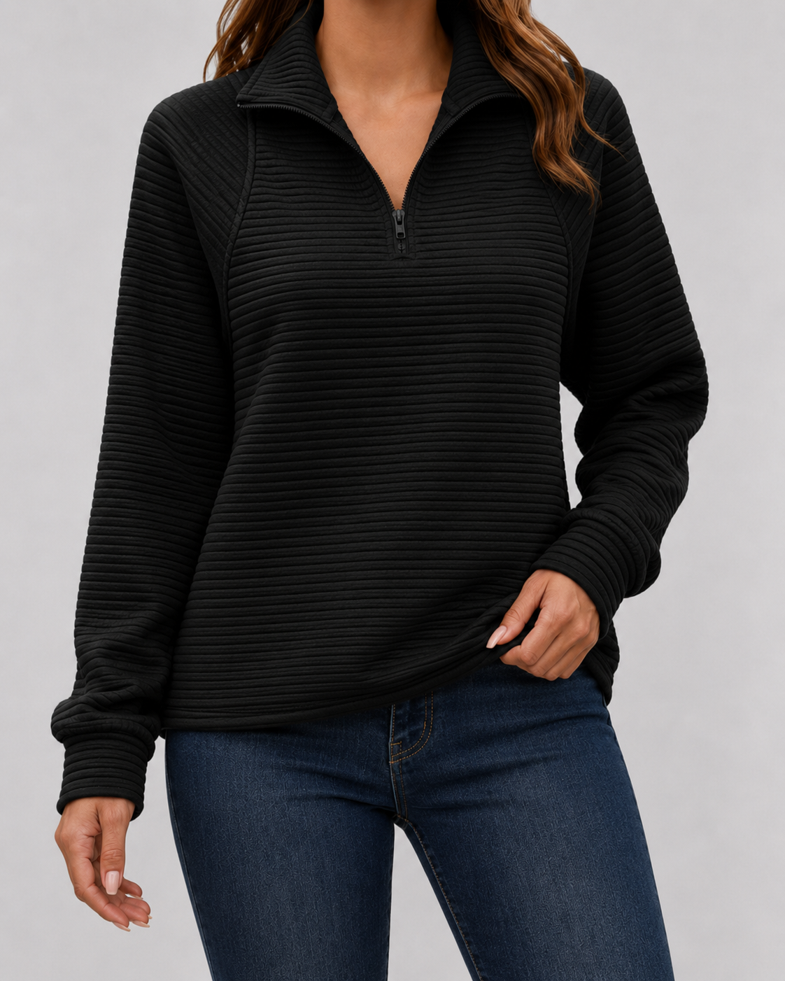 Women's Quarter Zip Sweater - Ribbed Knit Pullover