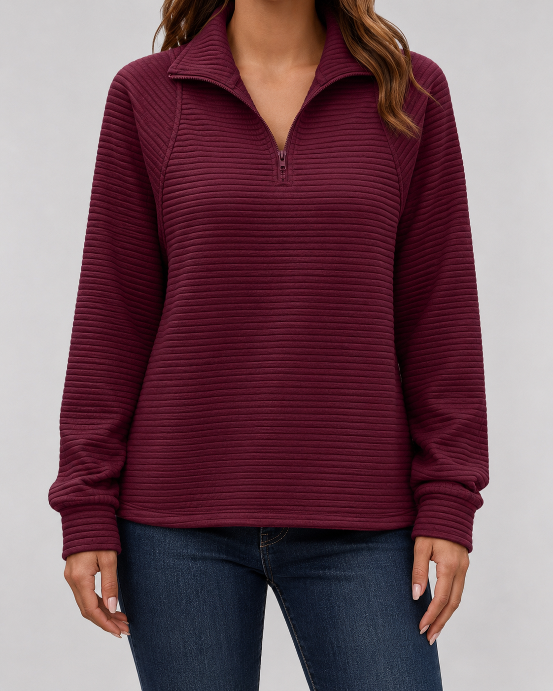 Women's Quarter Zip Sweater - Ribbed Knit Pullover