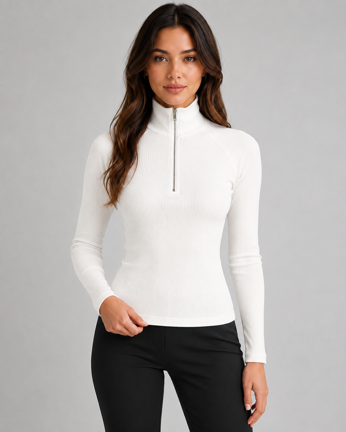 Women's Quarter Zip Sweater - Ribbed High Neck Knit