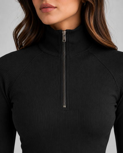 Women's Quarter Zip Sweater - Ribbed High Neck Knit