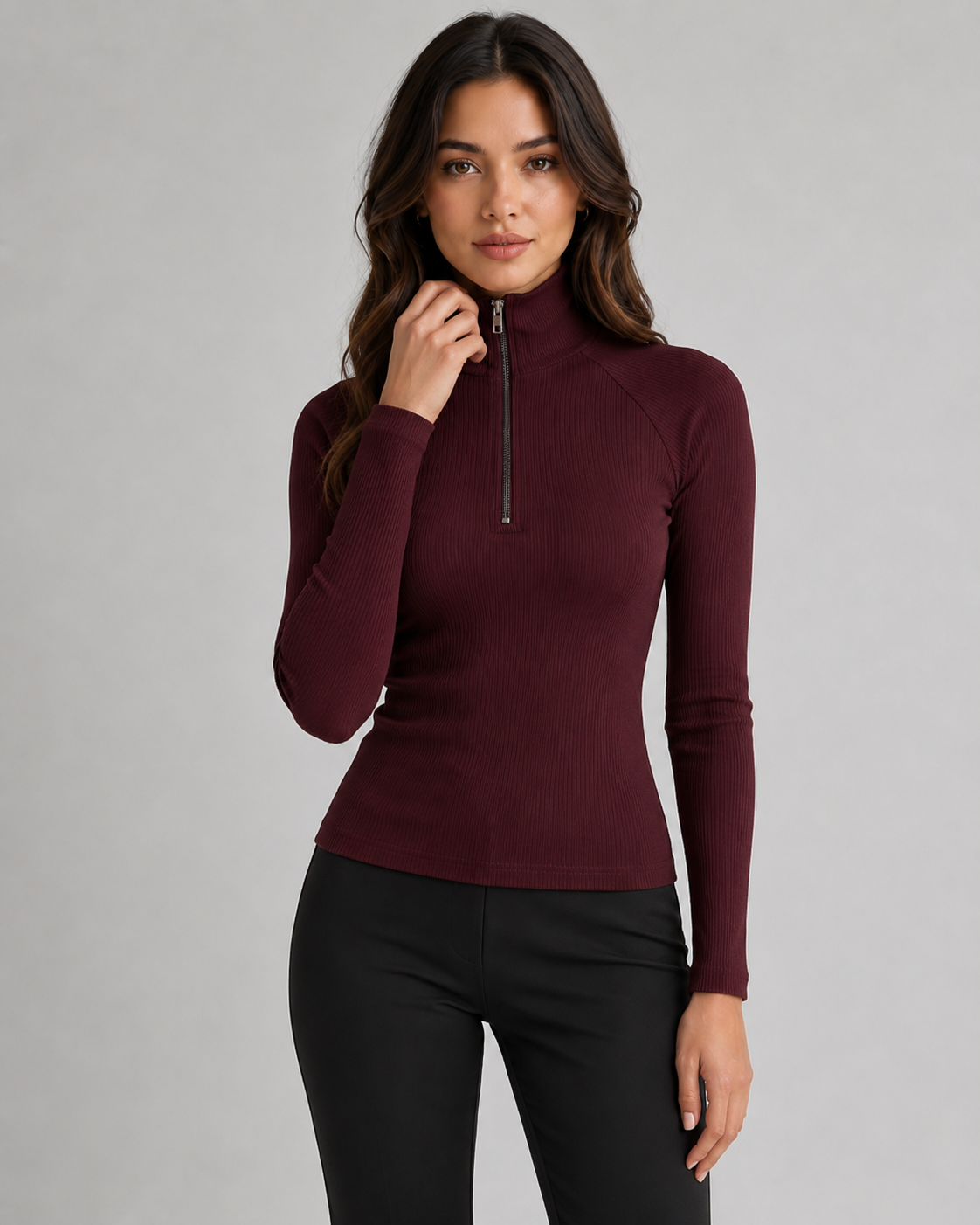 Women's Quarter Zip Sweater - Ribbed High Neck Knit