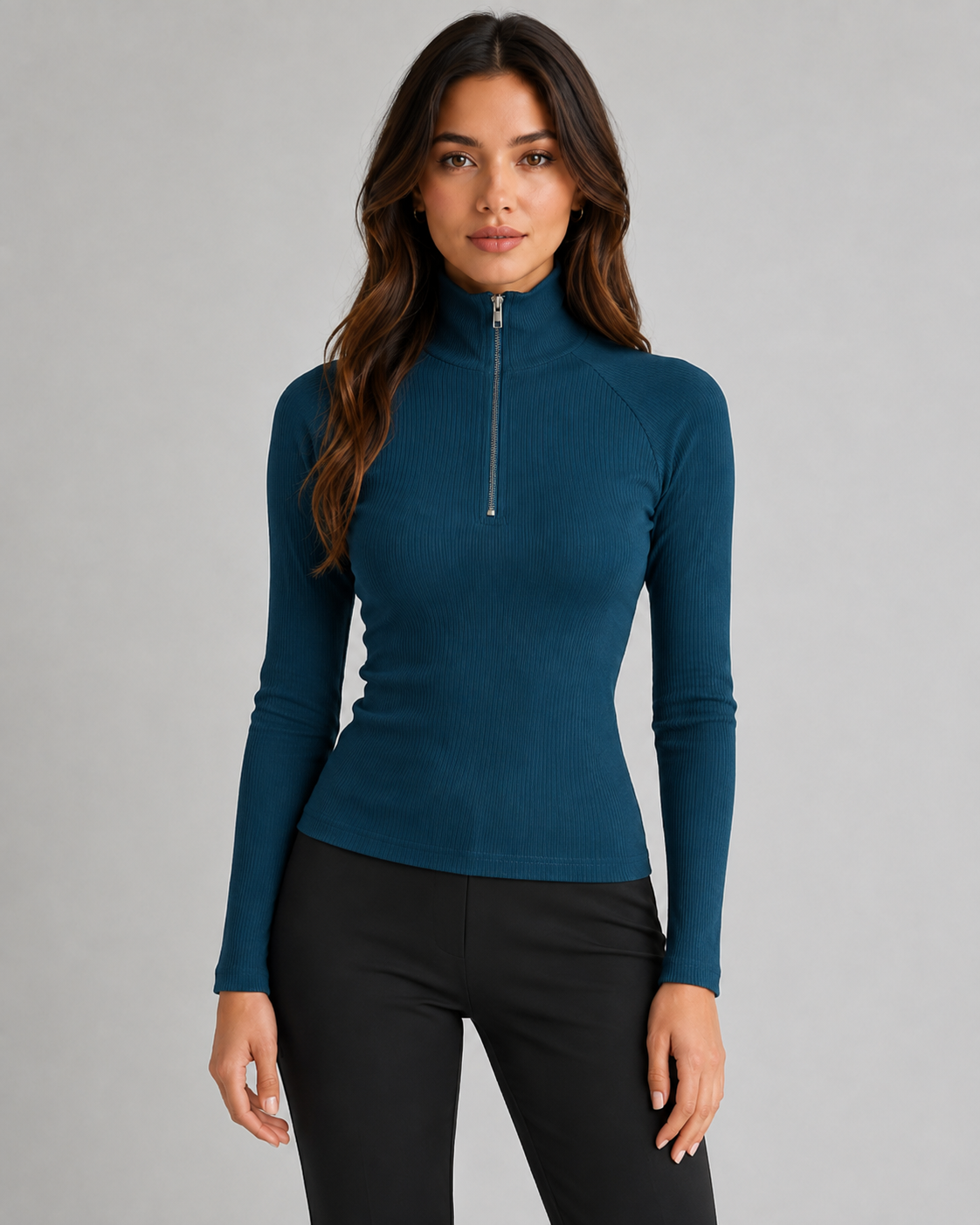 Women's Quarter Zip Sweater - Ribbed High Neck Knit
