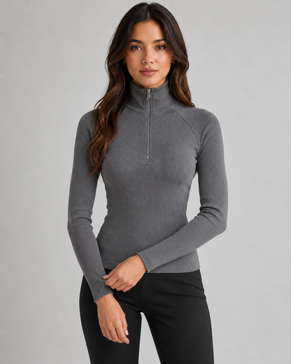Women's Quarter Zip Sweater - Ribbed High Neck Knit