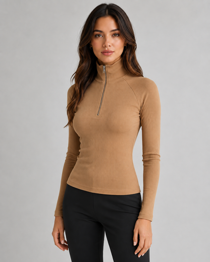 Women's Quarter Zip Sweater - Ribbed High Neck Knit