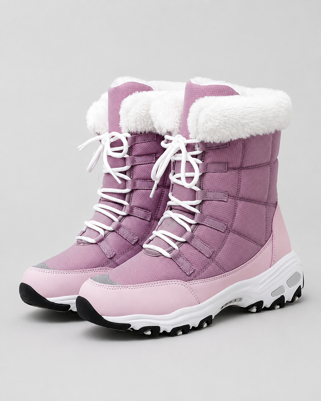 Women's Snow Boots - Quilted Lace Up Faux Fur Cuff