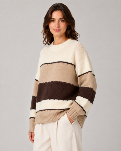 Women's Color Block Sweater - Striped Crew Neck Knit