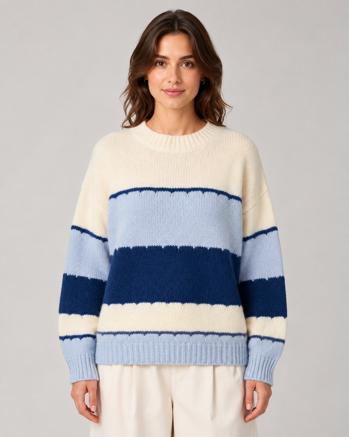 Women's Color Block Sweater - Striped Crew Neck Knit
