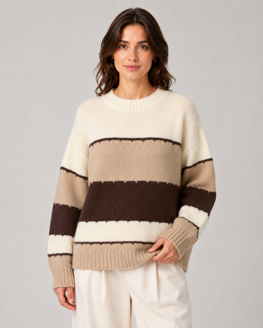 Women's Color Block Sweater - Striped Crew Neck Knit