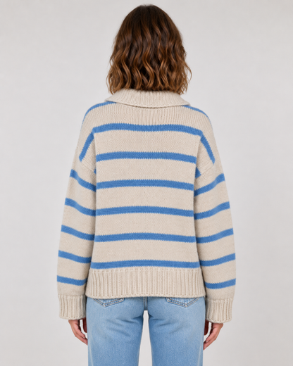 Women's Striped Polo Collar Sweater - Relaxed Fit